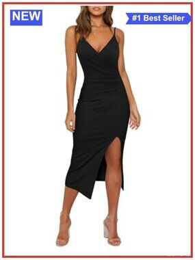 Sexy V-Neck Spaghetti Strap Sleeveless Wrap Ruched Side Slit Bodycon Cocktail